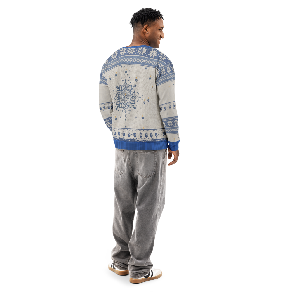 Slow Burn Hanukkah Ugly Sweatshirt, All-Over Print on male model, back