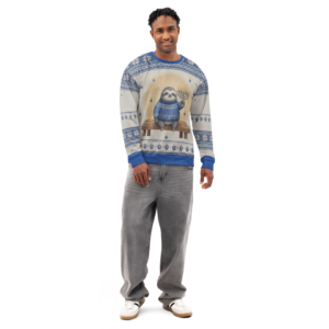 Slow Burn Hanukkah Ugly Sweatshirt, All-Over Print on male model, front