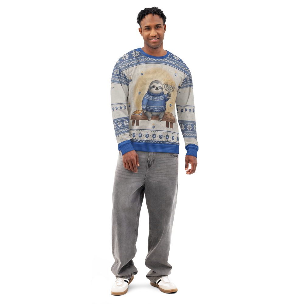Slow Burn Hanukkah Ugly Sweatshirt, All-Over Print on male model, front
