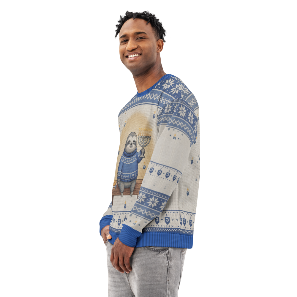 Slow Burn Hanukkah Ugly Sweatshirt, All-Over Print on male model, side
