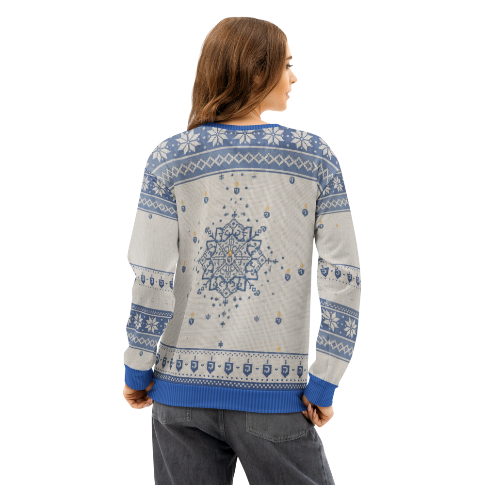 Slow Burn Hanukkah Ugly Sweatshirt, All-Over Print on female model, back
