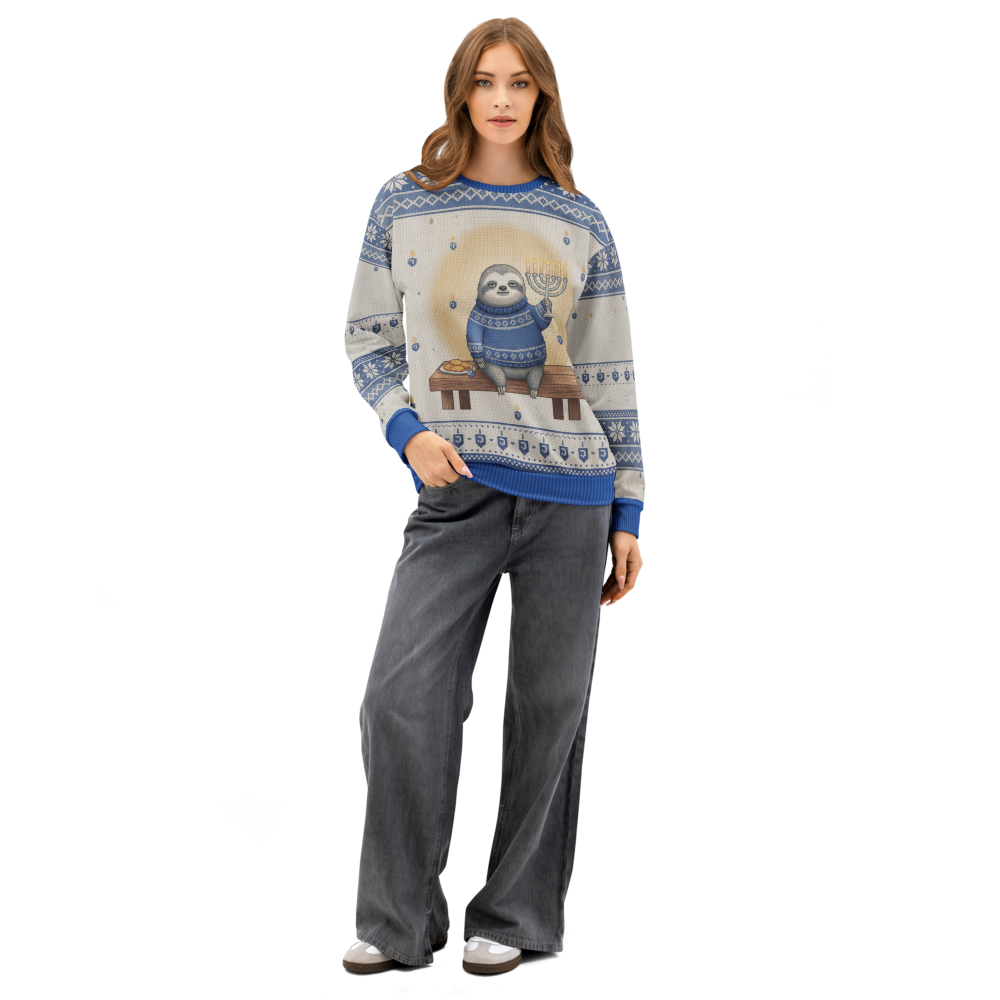 Slow Burn Hanukkah Ugly Sweatshirt, All-Over Print on female model, front
