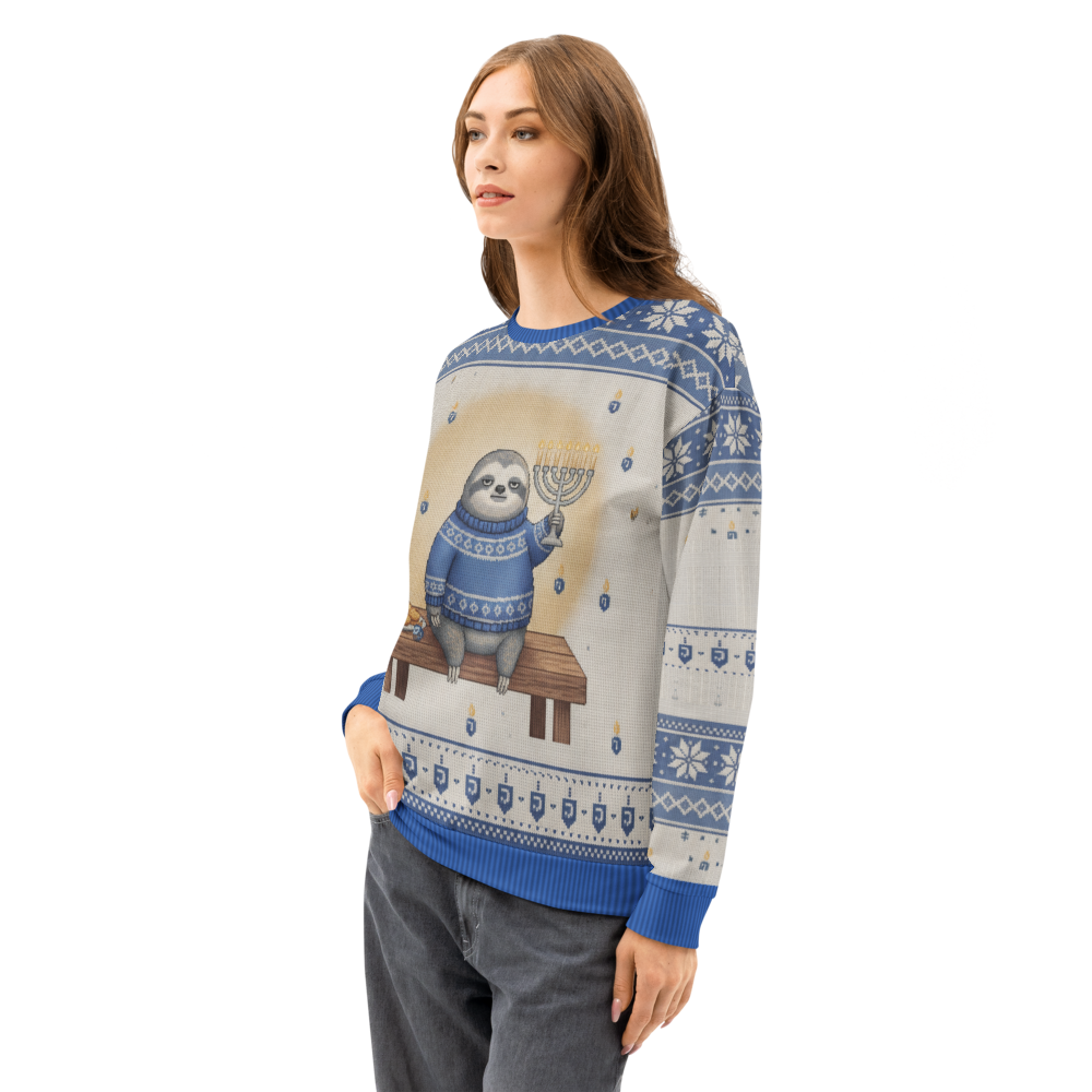 Slow Burn Hanukkah Ugly Sweatshirt, All-Over Print on female model, side