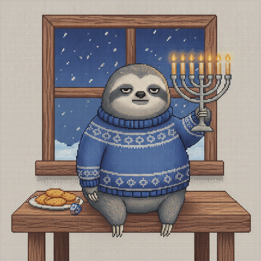 Slow Burn Hanukkah ugly sweater character art: a sloth in a blue knitted sweater sitting on a wooden bench holding a lit menorah, with dreidels and doughnuts around him
