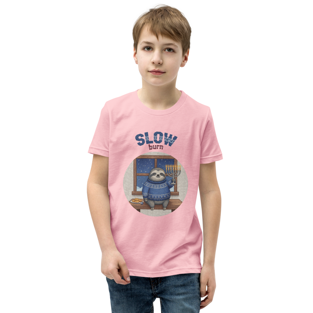 Slow Burn Kids' Ugly Christmas Tee — Light Pink model