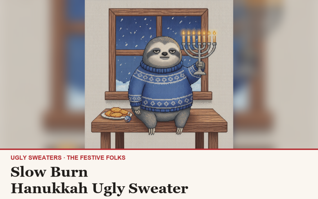 Slow Burn ugly sweater article cover: the Slow Burn character illustration, house title strip
