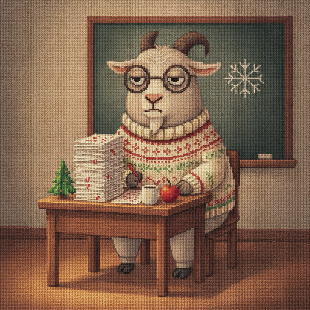 G.O.A.T. Teacher ugly Christmas sweater character art: a goat in round glasses and a knitted sweater sitting at a desk behind a tall stack of marking, with apples and a small Christmas tree