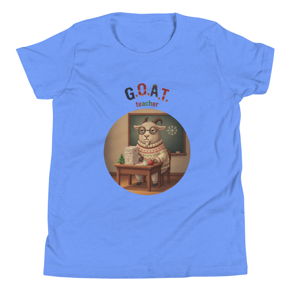 G.O.A.T. Teacher Kids' Ugly Christmas Tee — Blue flat