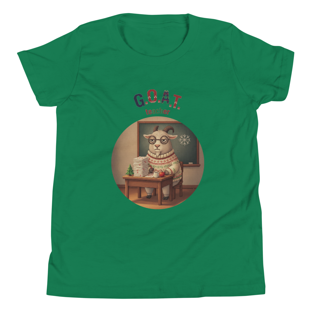 G.O.A.T. Teacher Kids' Ugly Christmas Tee — Green flat