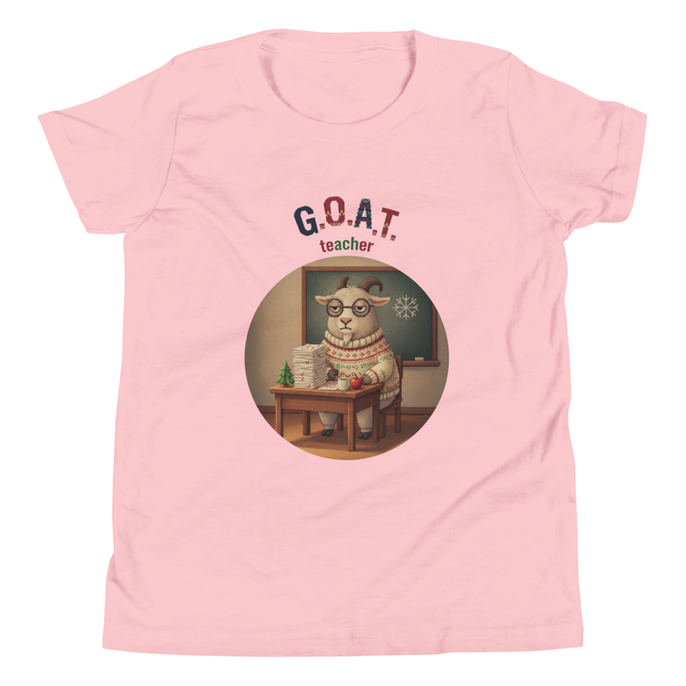 G.O.A.T. Teacher Kids' Ugly Christmas Tee — Light Pink flat