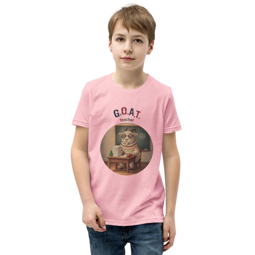 G.O.A.T. Teacher Kids' Ugly Christmas Tee — Light Pink model