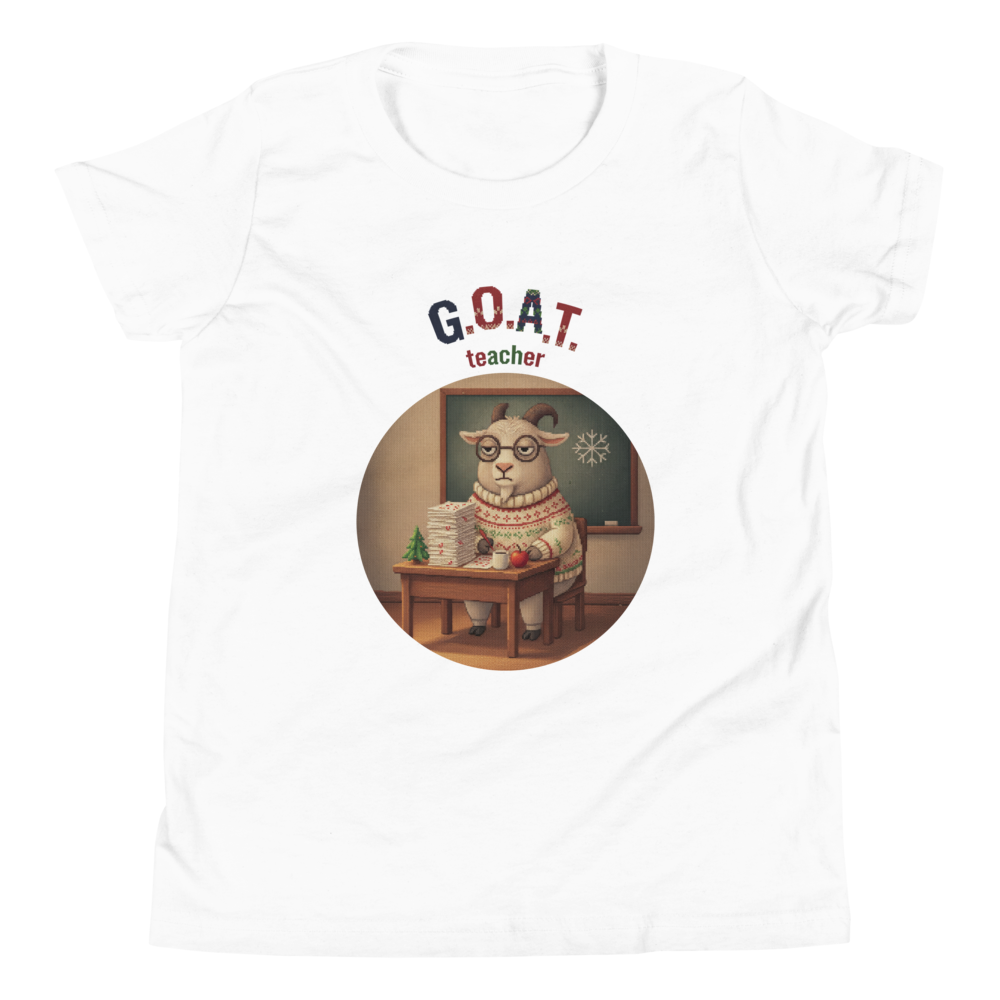 G.O.A.T. Teacher Kids' Ugly Christmas Tee — Pure White flat