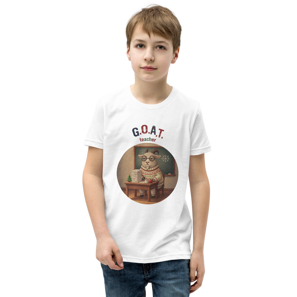 G.O.A.T. Teacher Kids' Ugly Christmas Tee — Pure White model