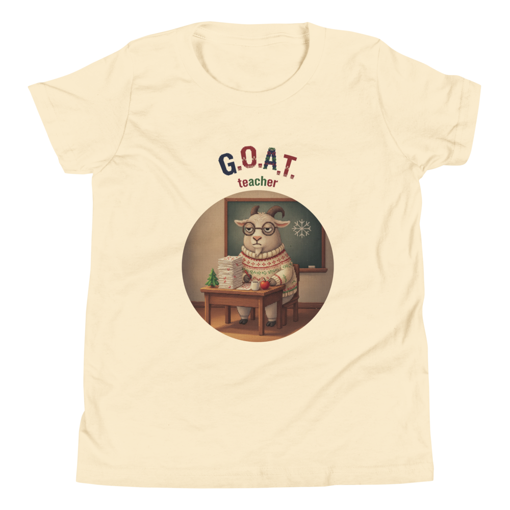 G.O.A.T. Teacher Kids' Ugly Christmas Tee — Vintage White flat