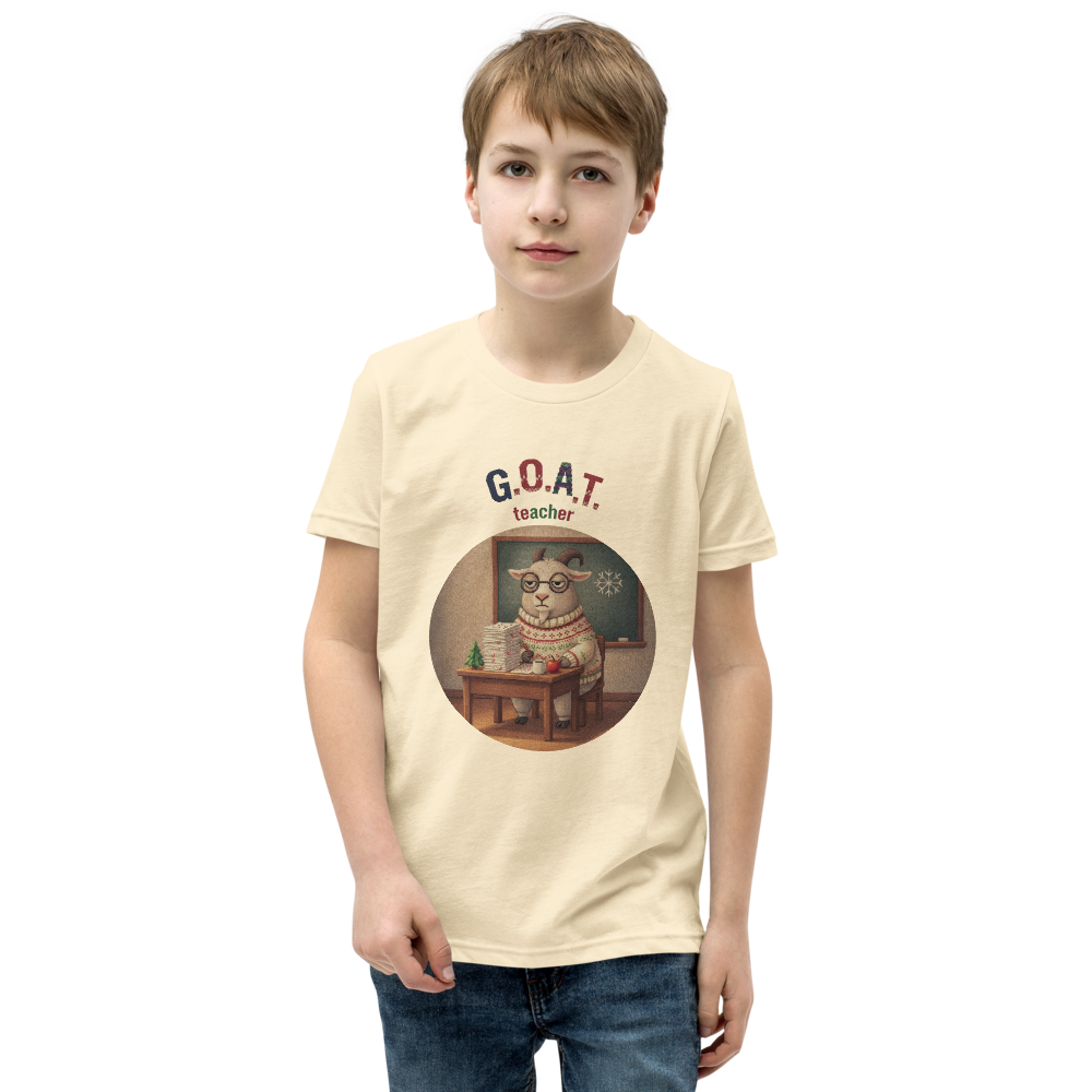 G.O.A.T. Teacher Kids' Ugly Christmas Tee — Vintage White model