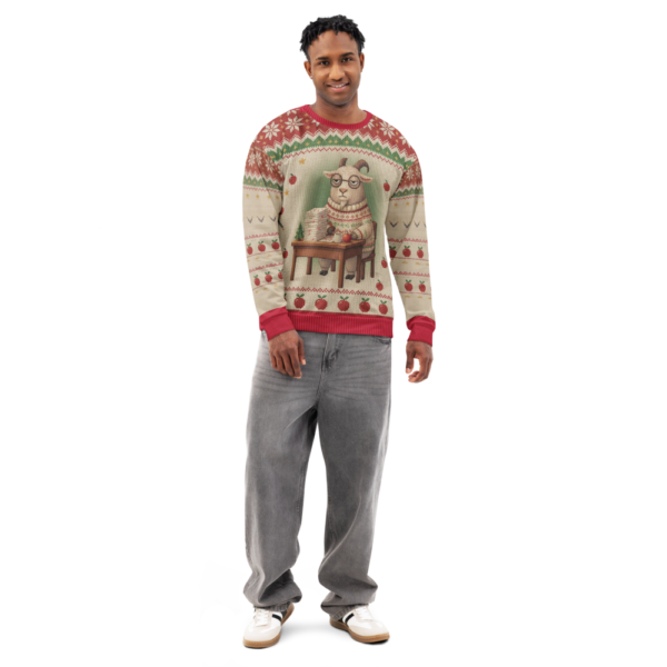 G.O.A.T. Teacher all-over-print sweatshirt on a model, front view