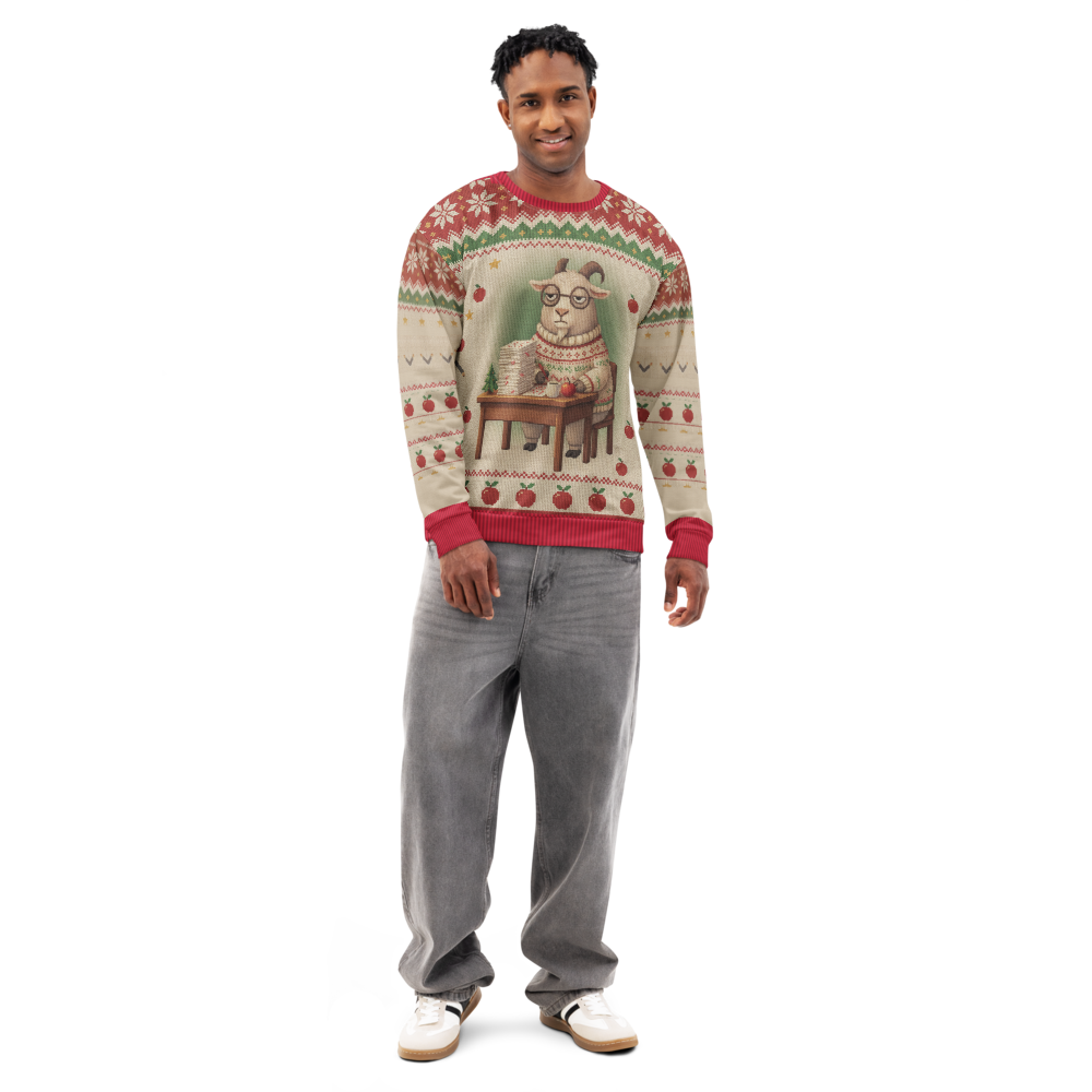 G.O.A.T. Teacher Ugly Christmas Sweatshirt, All-Over Print on male model, front