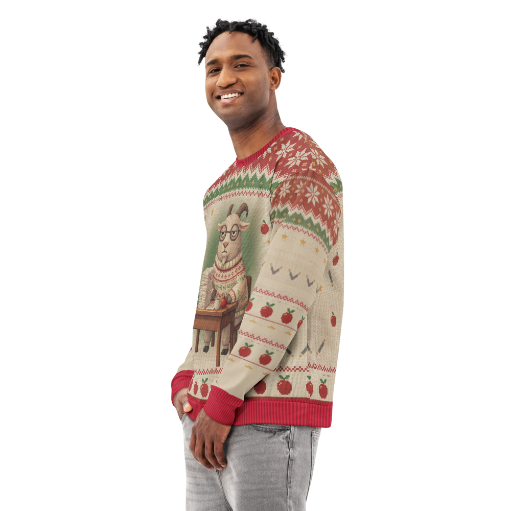 G.O.A.T. Teacher Ugly Christmas Sweatshirt, All-Over Print on male model, side