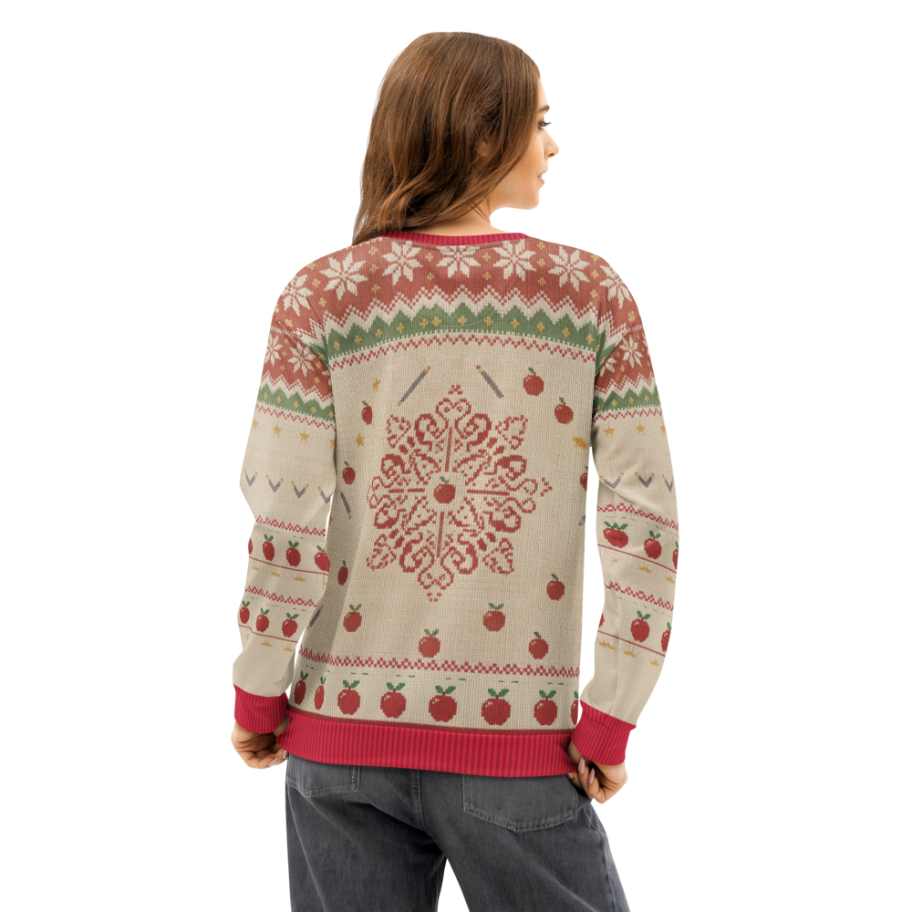 G.O.A.T. Teacher Ugly Christmas Sweatshirt, All-Over Print on female model, back