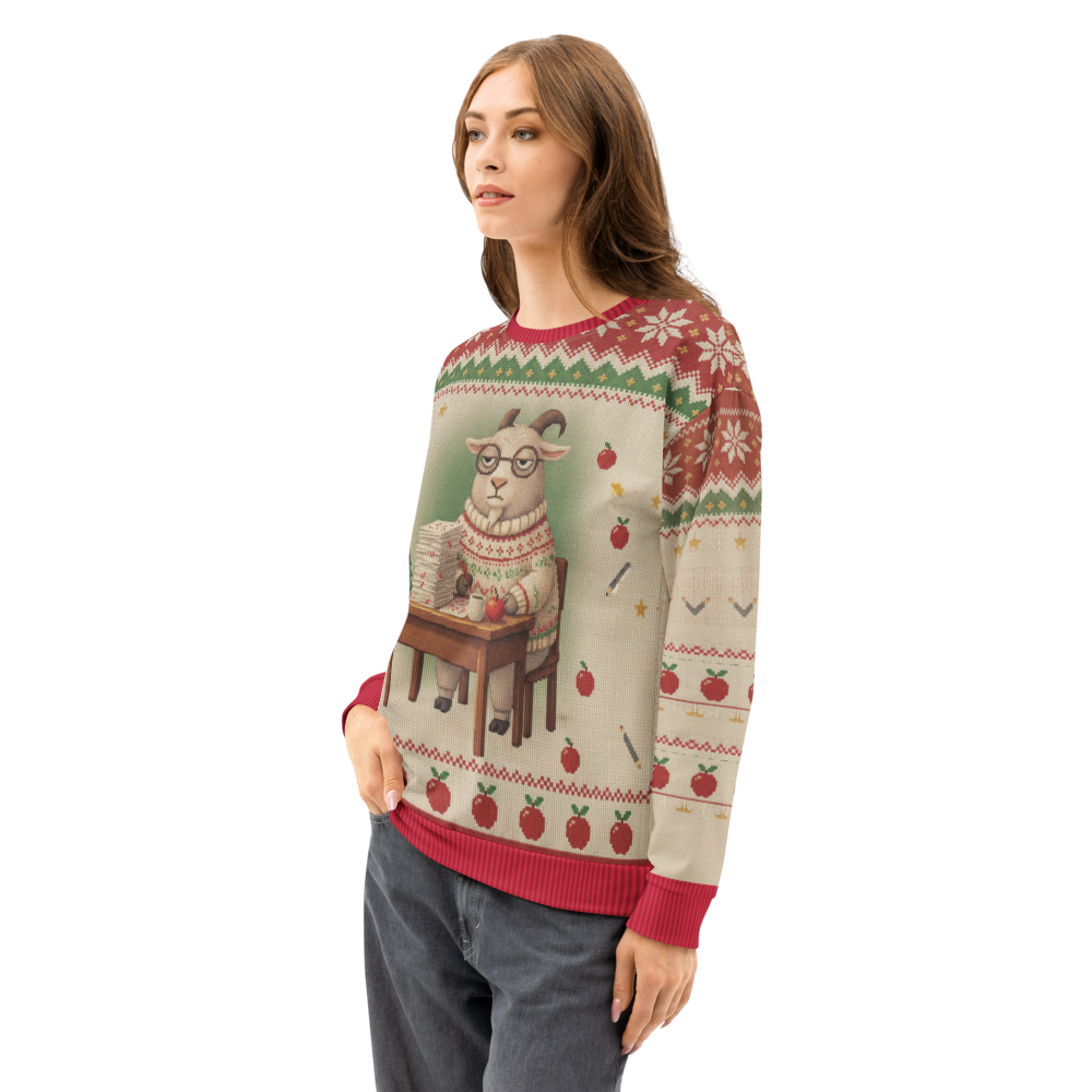 G.O.A.T. Teacher Ugly Christmas Sweatshirt, All-Over Print on female model, side