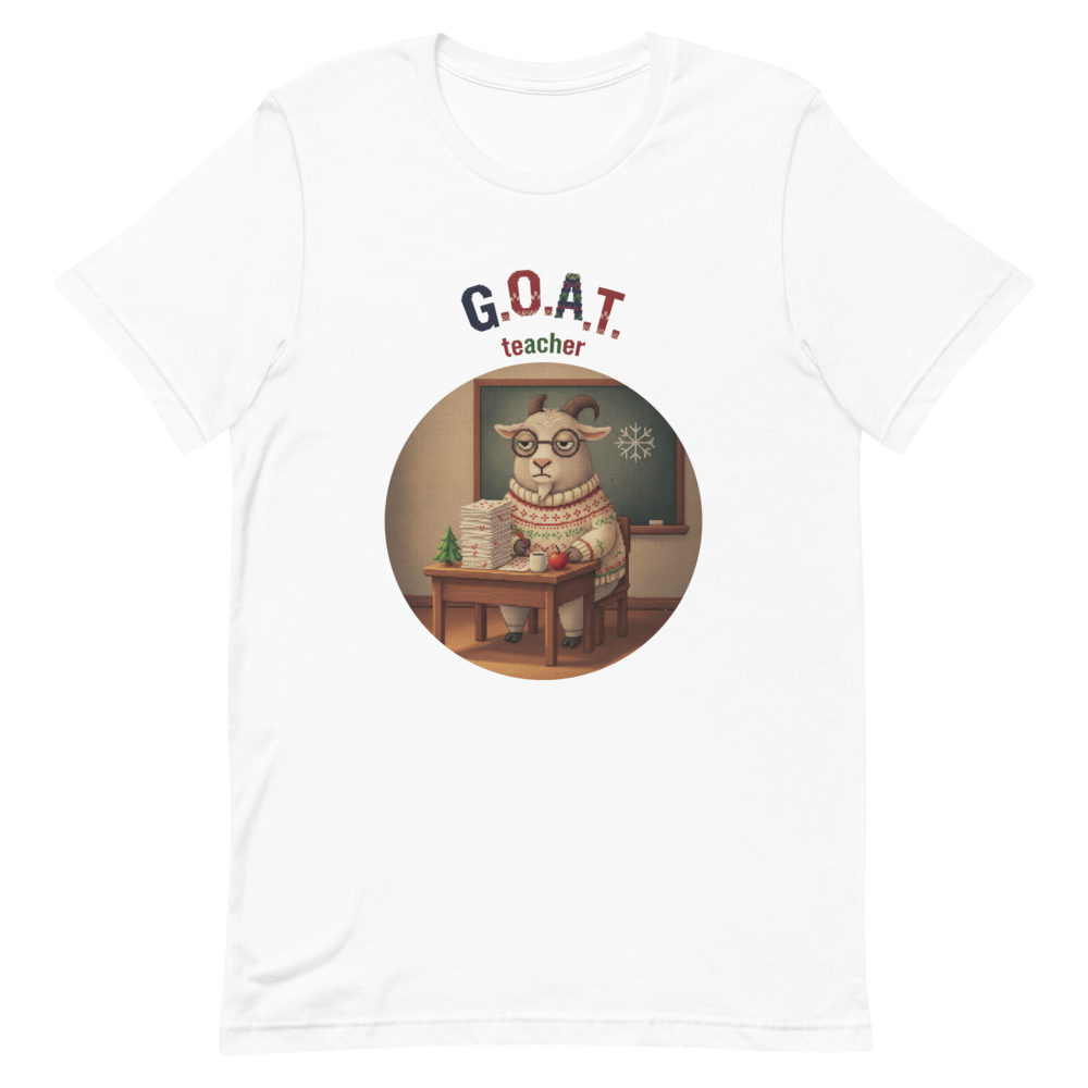 G.O.A.T. Teacher Ugly Christmas Tee โ Pure White flat
