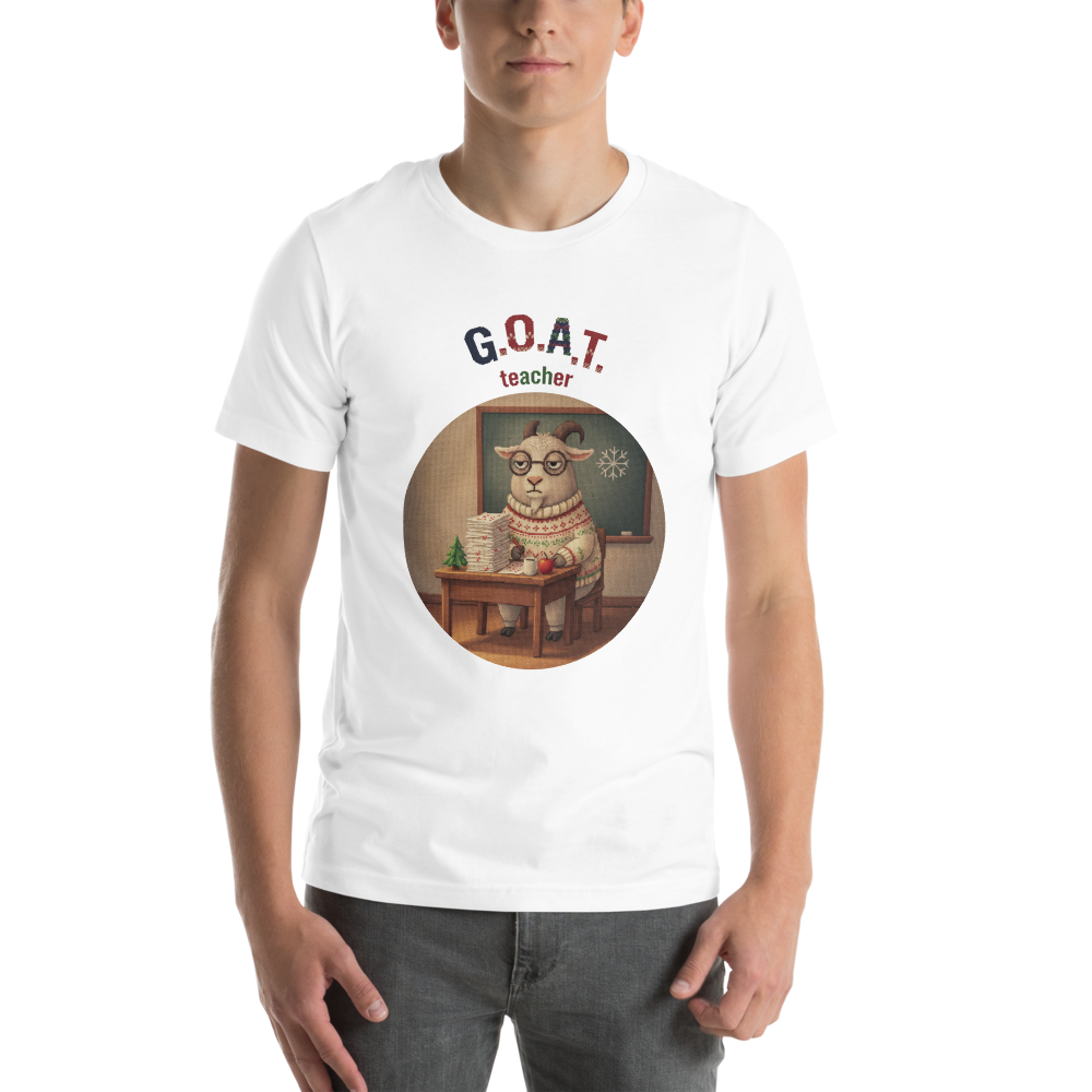 G.O.A.T. Teacher Ugly Christmas Tee โ Pure White model