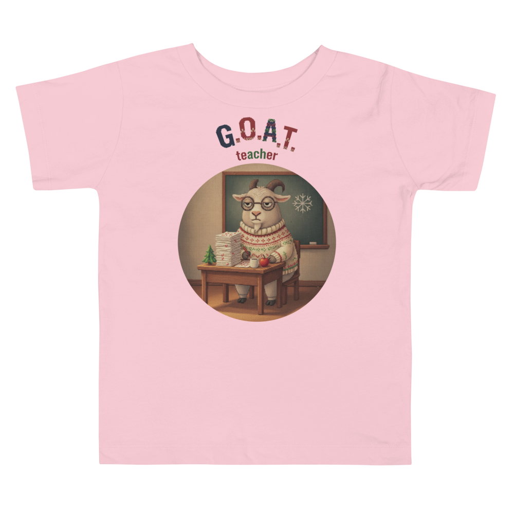 G.O.A.T. Teacher Toddler Ugly Christmas Tee โ Light Pink flat