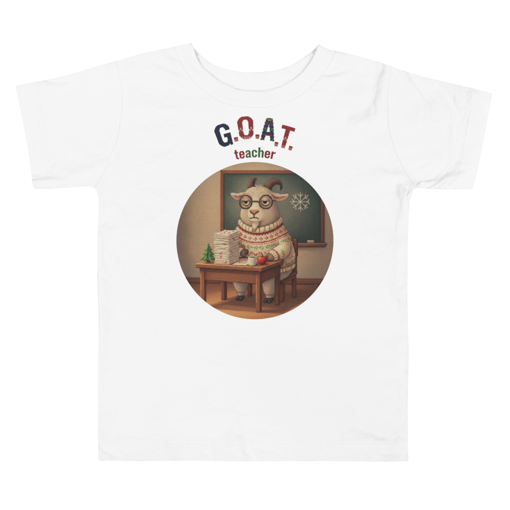 G.O.A.T. Teacher Toddler Ugly Christmas Tee โ Pure White flat