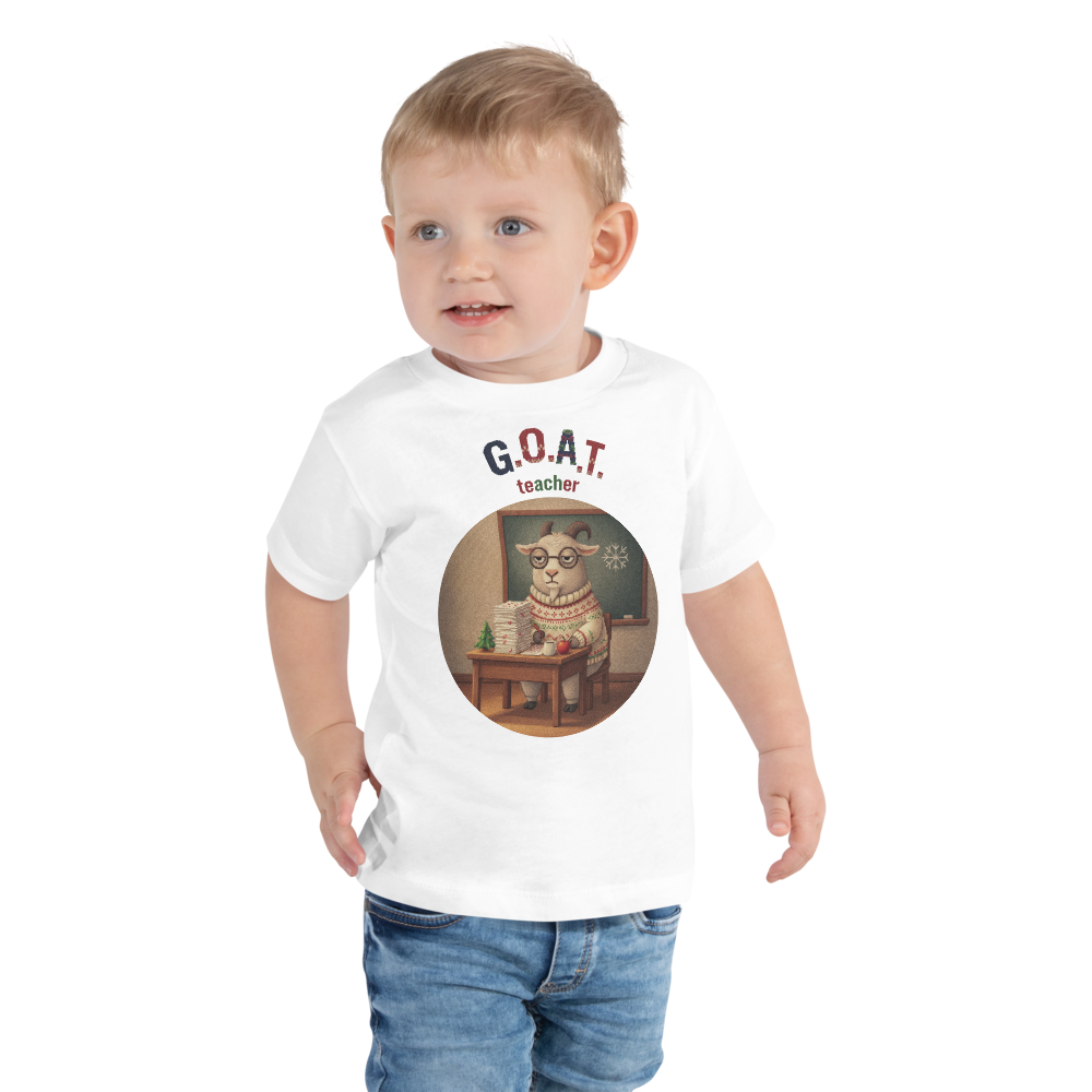 G.O.A.T. Teacher Toddler Ugly Christmas Tee โ Pure White model