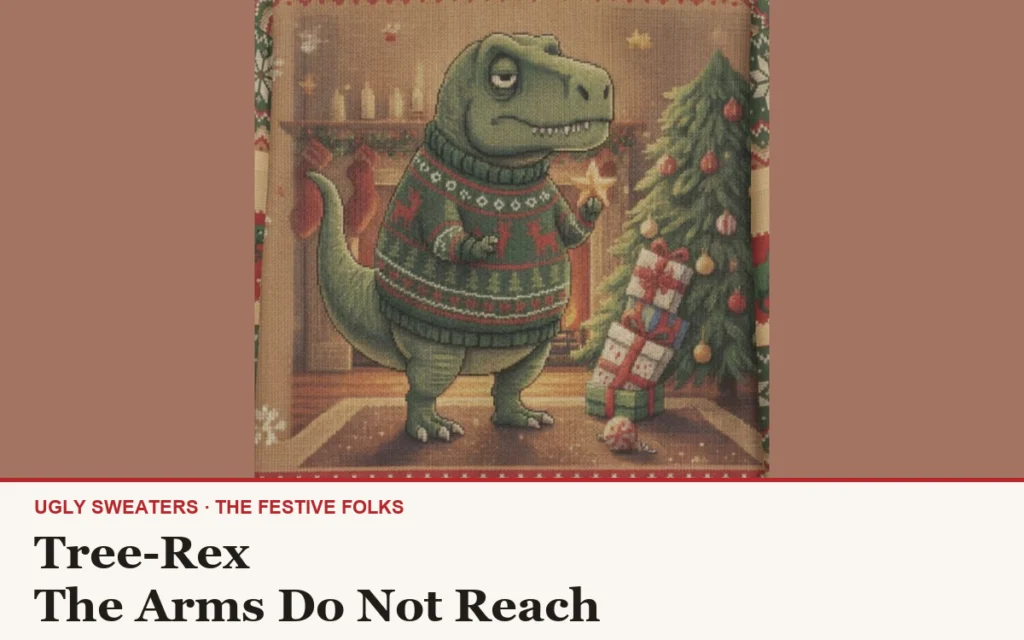 The Tree-Rex character design, a deadpan green tyrannosaurus in a knitted Christmas sweater beside a tree he cannot reach the top of
