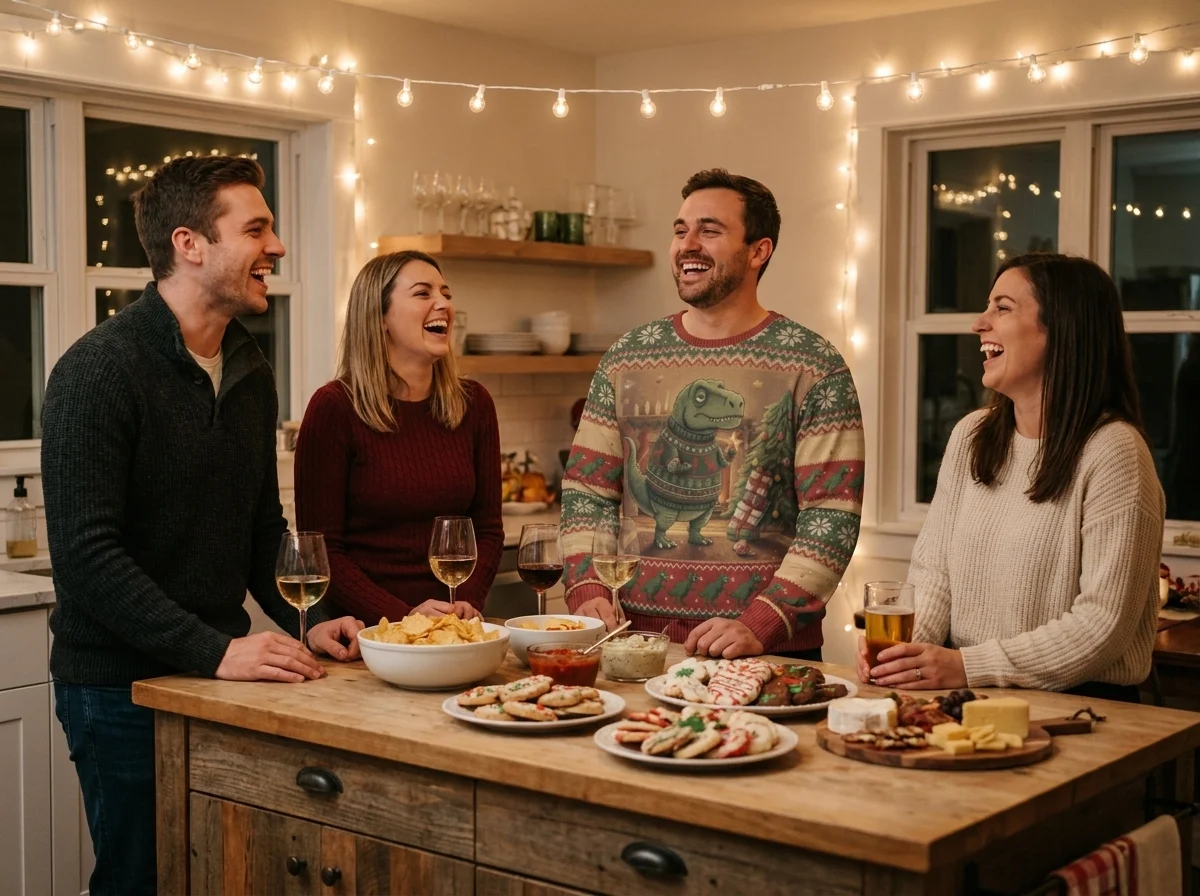 Tree-Rex Ugly Christmas Sweatshirt worn at a Christmas gathering