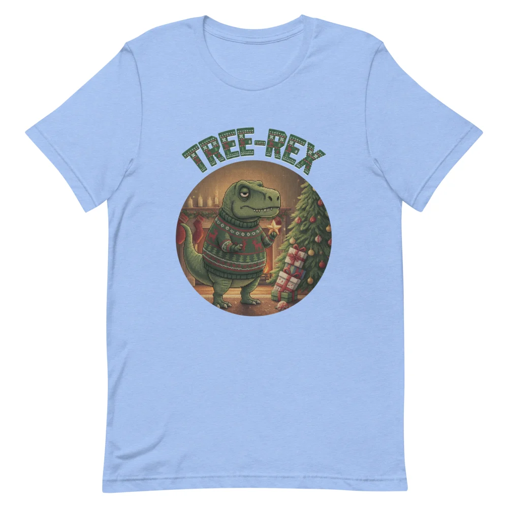 Tree-Rex Ugly Christmas Tee, Blue flat