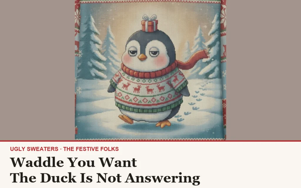 The Waddle You Want character design, a deadpan penguin in a knitted sweater and red scarf with a wrapped present balanced on its head