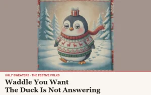 The Waddle You Want character design, a deadpan penguin in a knitted sweater and red scarf with a wrapped present balanced on its head