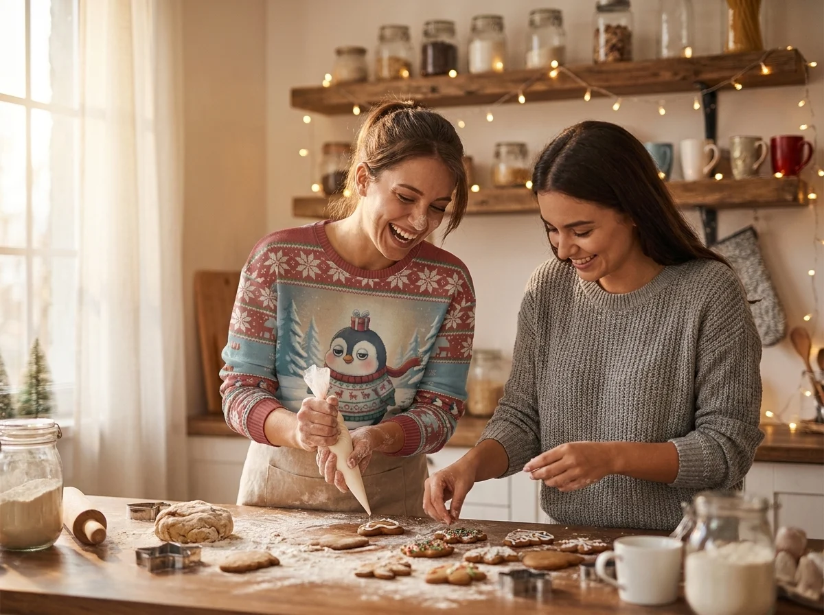 Waddle You Want Ugly Christmas Sweatshirt worn at a Christmas gathering