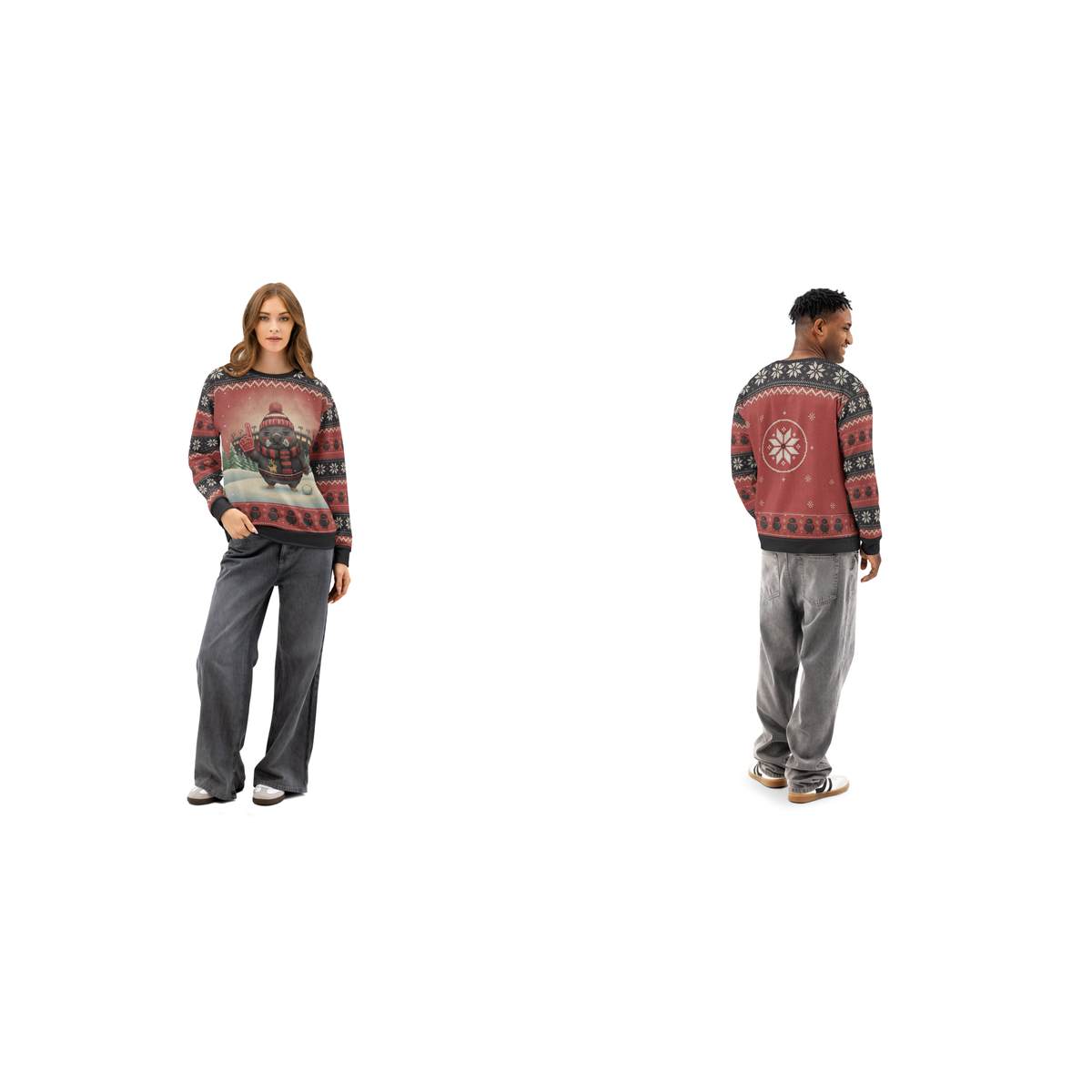 Atlanta Fan matching ugly Christmas sweatshirts for couples