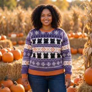 Plus size styling photo, Black Cat Halloween Sweater