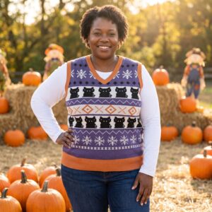 Plus size styling photo, Black Cat Vintage Halloween Sweater Vest for Men and Women