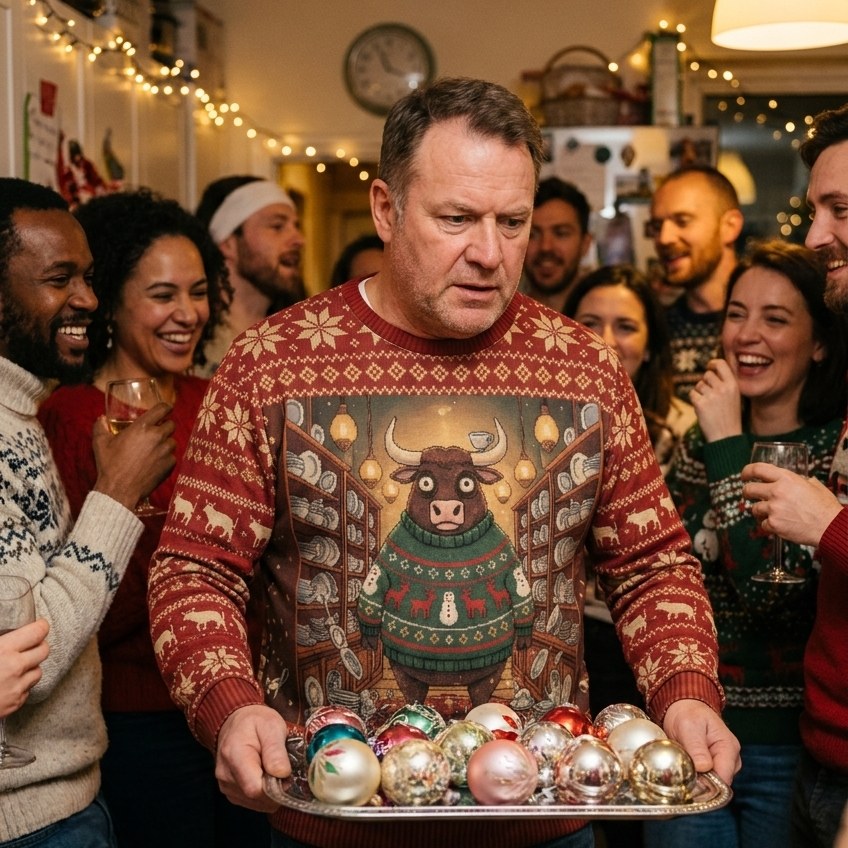 Styling photo, Bull in a China Shop Ugly Christmas Sweater