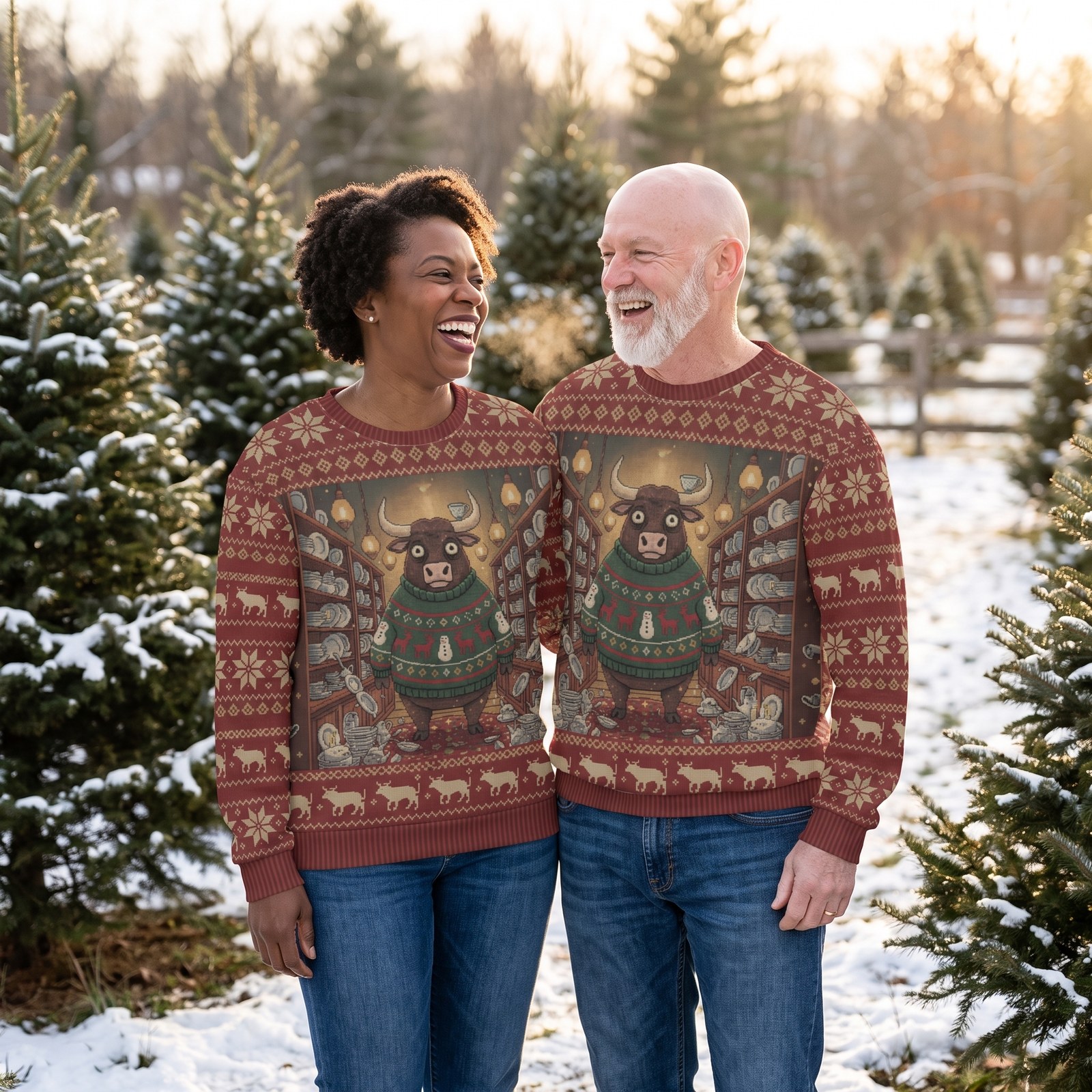 Styling photo, Bull in a China Shop Matching Ugly Christmas Sweaters for Couples