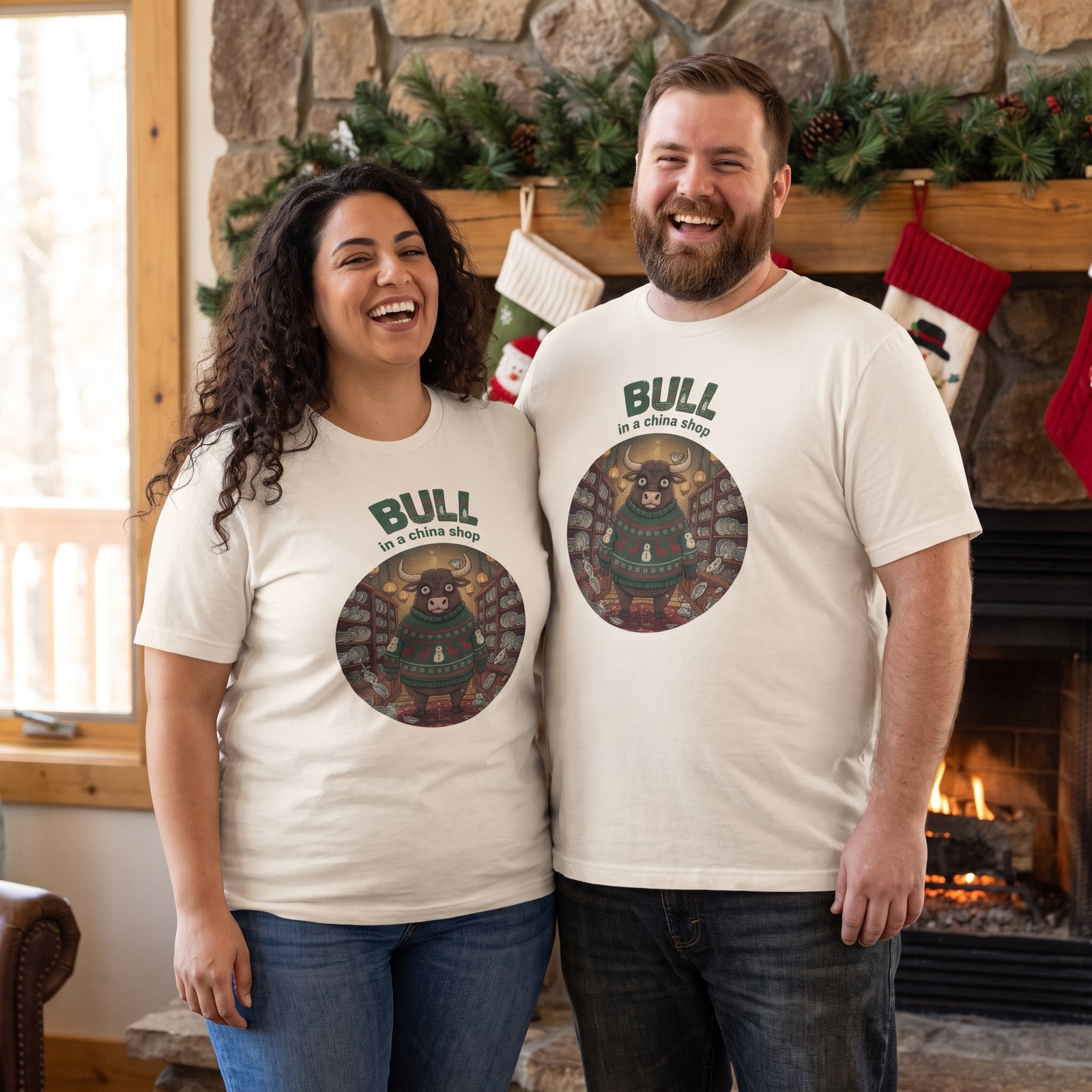 Plus size styling photo, Bull in a China Shop Matching Christmas Shirts for Couples