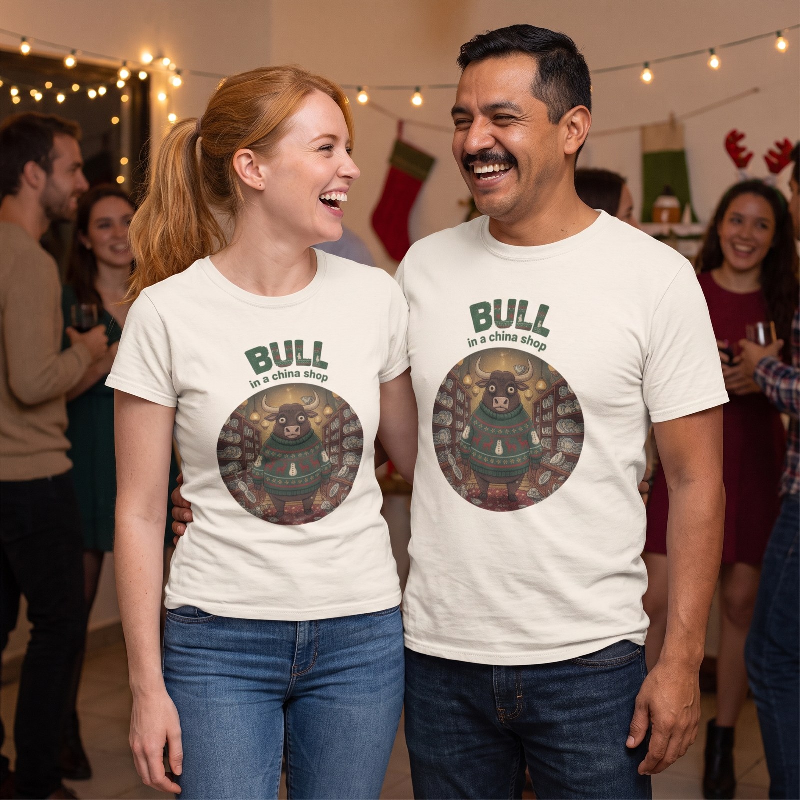 Styling photo, Bull in a China Shop Matching Christmas Shirts for Couples