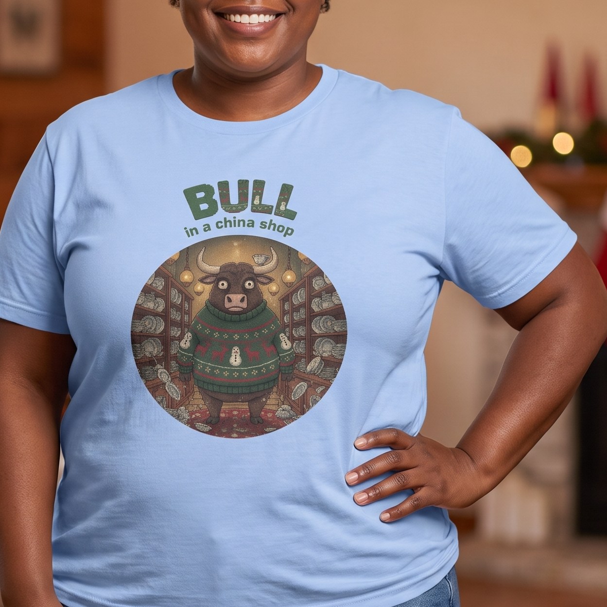 Styling photo, Bull in a China Shop Ugly Christmas Shirt