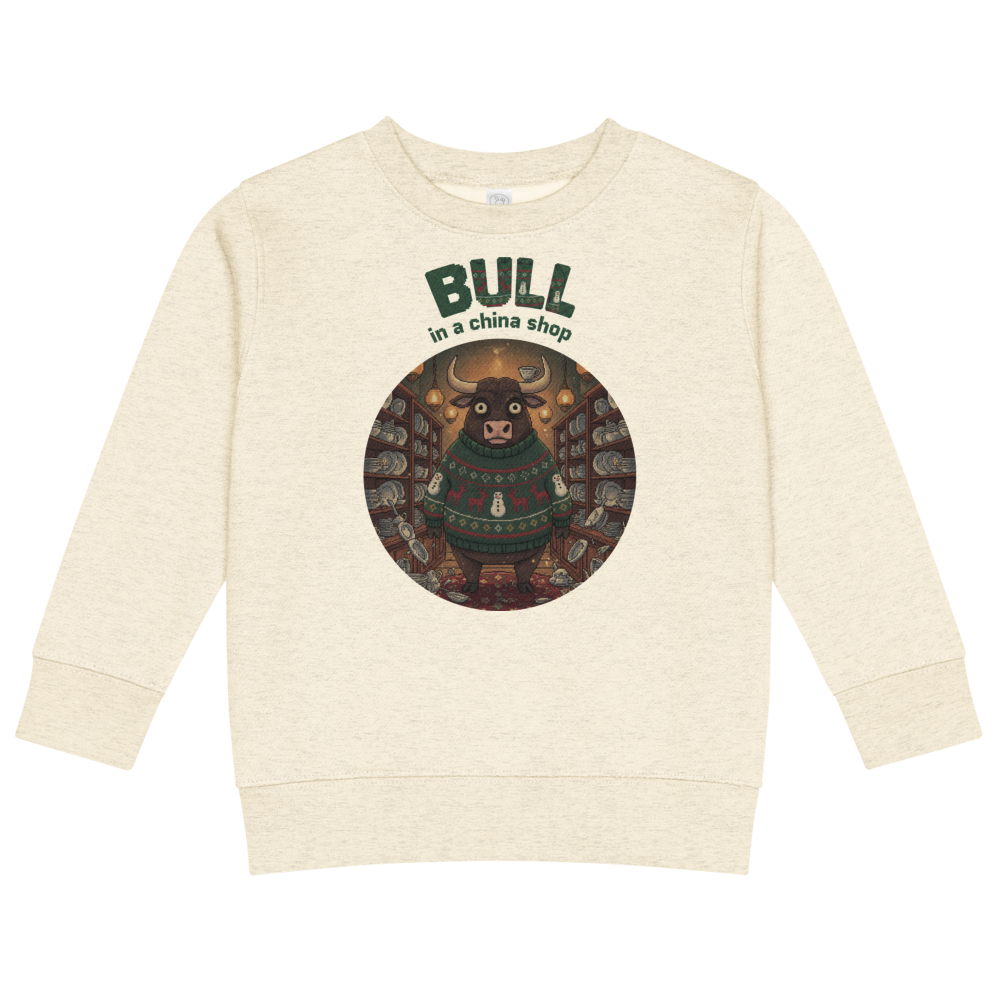 Bull in a China Shop Toddler Ugly Christmas Sweater | Kids Crewneck Sweatshirt, Ages 2 to 7 Natural Heather flat