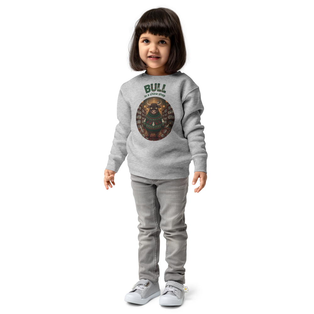 Bull in a China Shop Toddler Ugly Christmas Sweater | Kids Crewneck Sweatshirt, Ages 2 to 7 Heather on-model girl
