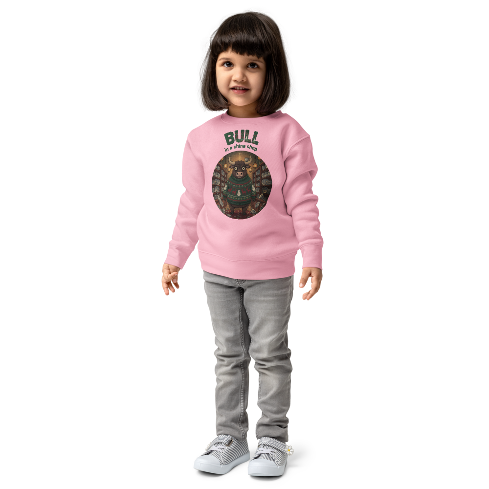 Bull in a China Shop Toddler Ugly Christmas Sweater | Kids Crewneck Sweatshirt, Ages 2 to 7 Pink on-model girl