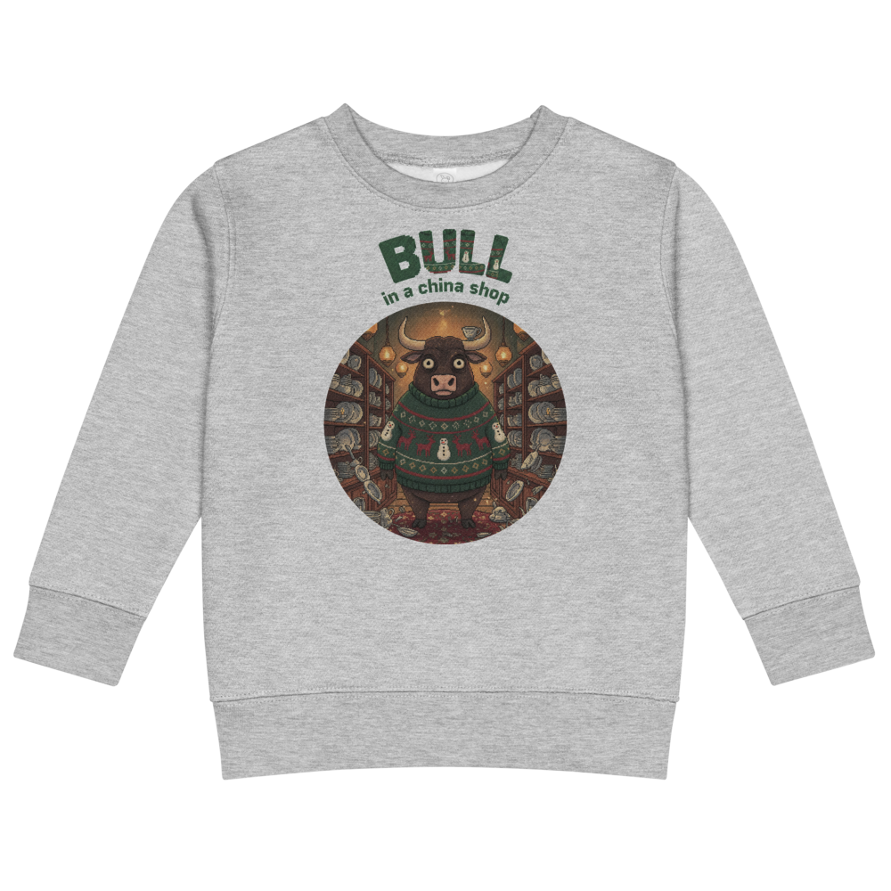 Bull in a China Shop Toddler Ugly Christmas Sweater | Kids Crewneck Sweatshirt, Ages 2 to 7 Heather flat