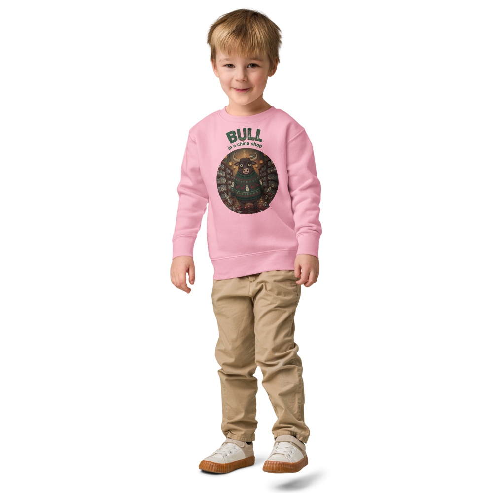 Bull in a China Shop Toddler Ugly Christmas Sweater | Kids Crewneck Sweatshirt, Ages 2 to 7 Pink on-model boy