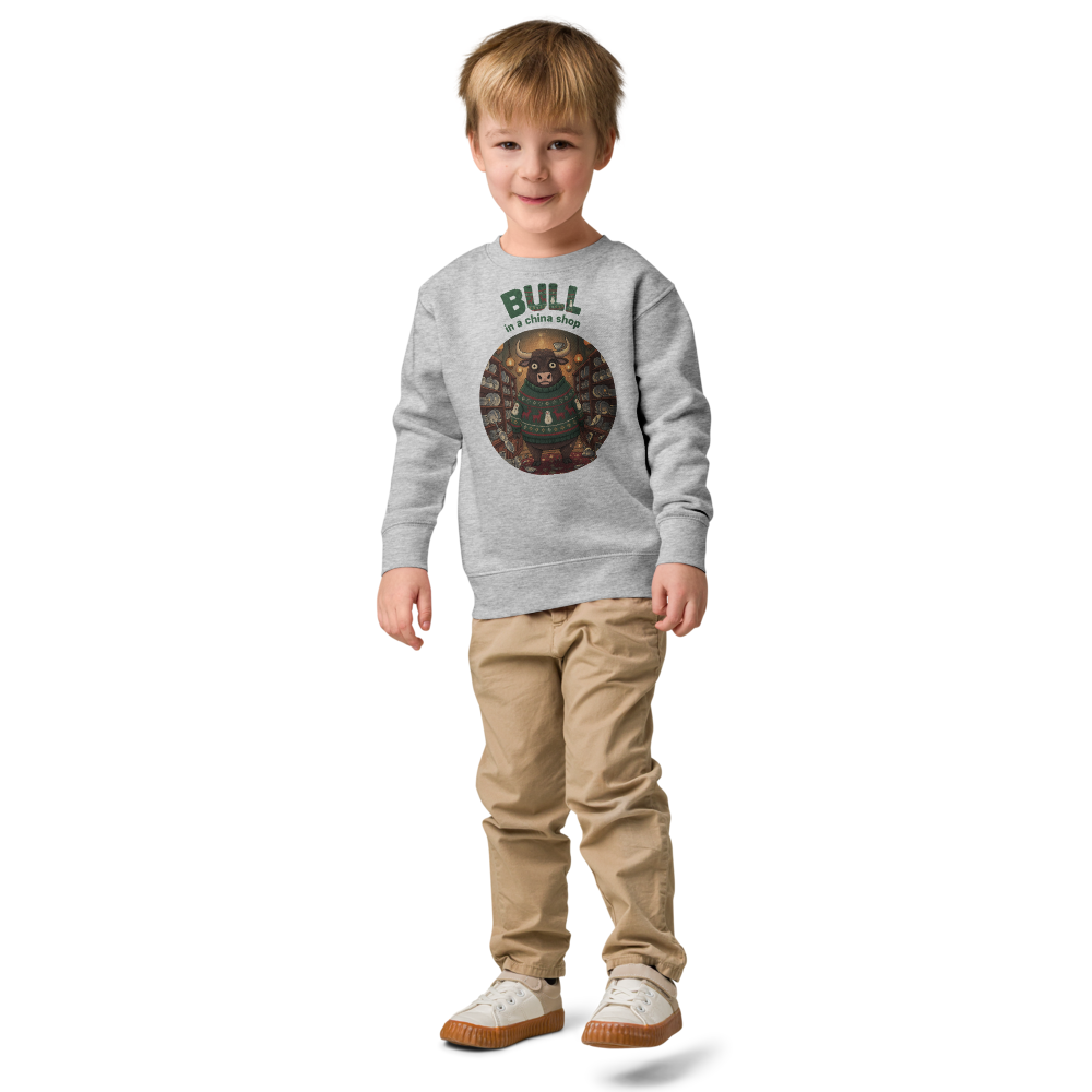 Bull in a China Shop Toddler Ugly Christmas Sweater | Kids Crewneck Sweatshirt, Ages 2 to 7 Heather on-model boy