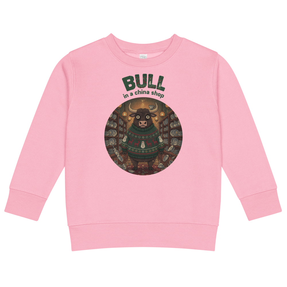 Bull in a China Shop Toddler Ugly Christmas Sweater | Kids Crewneck Sweatshirt, Ages 2 to 7 Pink flat